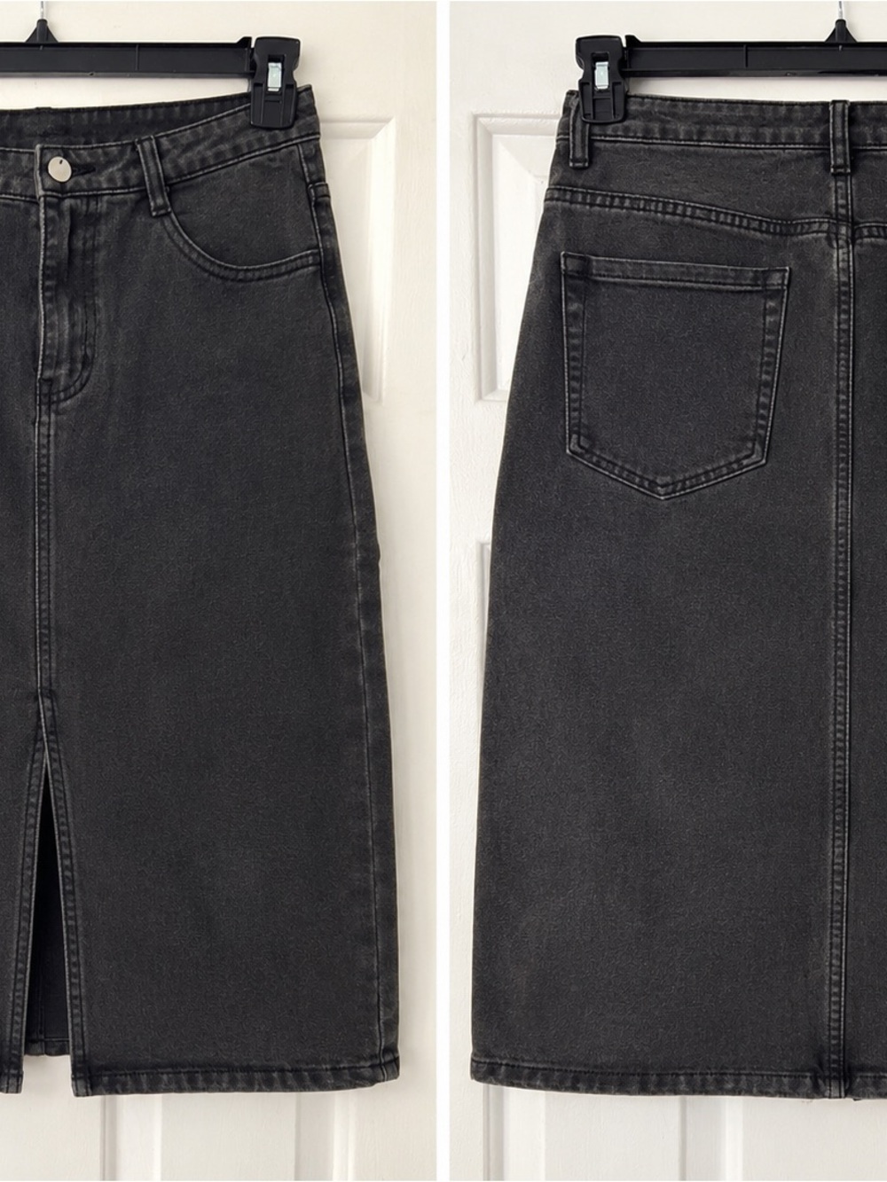 Hayden Charcoal Black Denim Midi Skirt with Front Slit